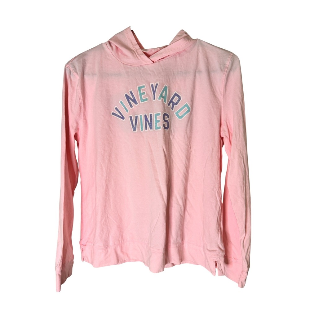Vineyard Vines Girls Pink Glitter Whale Logo Hooded Long Sleeve T-Shirt L-14